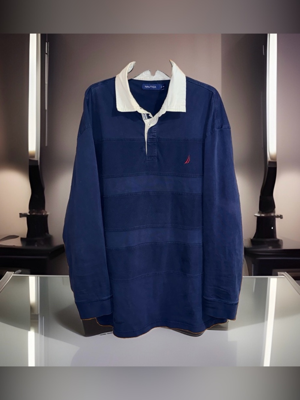 Nautica Men's Navy Long-Sleeve mixed media Rugby Polo with Cream Collar-XXL-EC